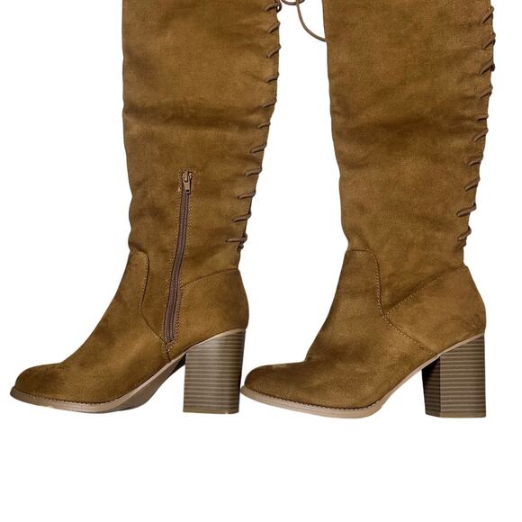 Versona Chestnut Brown Knee High Lace Up Boots - Picture 2 of 8